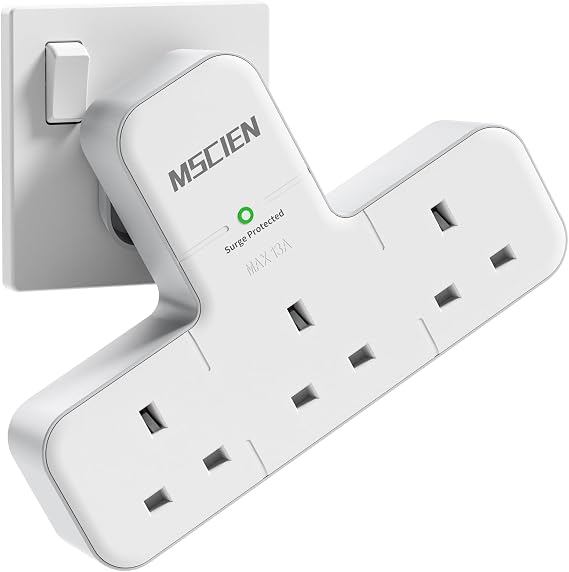 Multi Plug Adapter, Mscien 3 Way UK Plug Extension Socket with 315 Degree Rotation, Wall Power Strip Surge Protector Extender without Cable Plug Adaptor For Home, Office, Dorm