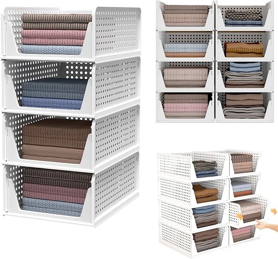 4 Pack Stackable & Foldable Wardrobe Storage Organiser, Inside Wardrobe Storage Basket, Plastic Wardrobe Shelves Closet Cupboard Organiser Boxes, Space-Saving & Easy to Clean Clothes Organizer Shelf