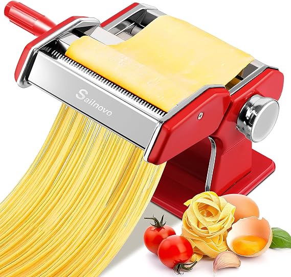 Sailnovo 3-in-1 Pasta Maker with 9-Setting Pasta Roller & Cutters, Red